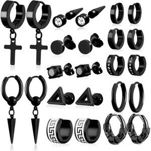 Mens Earrings Set 12 Pairs Stainless Steel Hoop Stud Cross Dangle Hypoallergenic